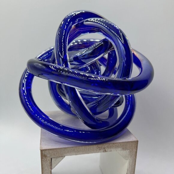 Hand Blown Dark Blue/Glossy "Tangled Knot" Abstract Art Glass Sculpture Paperwei